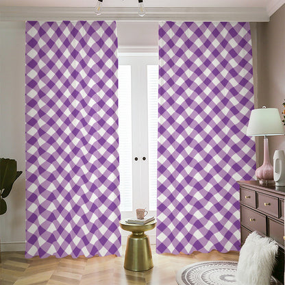 Violet And White Gingham Pattern Print Blackout Pencil Pleat Curtains