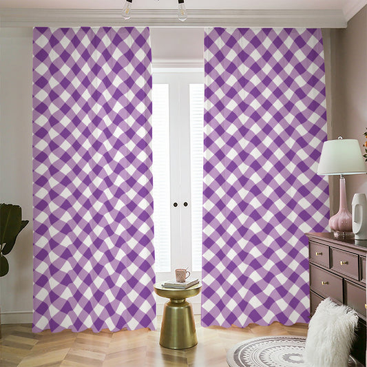 Violet And White Gingham Pattern Print Blackout Pencil Pleat Curtains