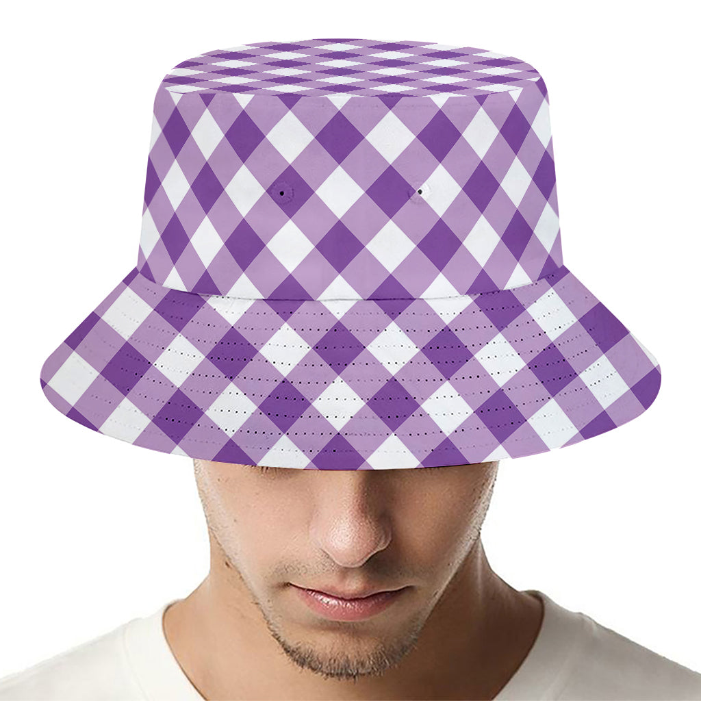 Violet And White Gingham Pattern Print Bucket Hat