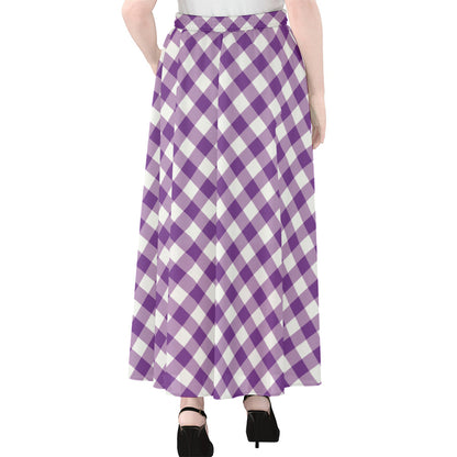 Violet And White Gingham Pattern Print Chiffon Maxi Skirt