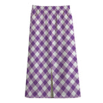 Violet And White Gingham Pattern Print Cotton Front Slit Maxi Skirt