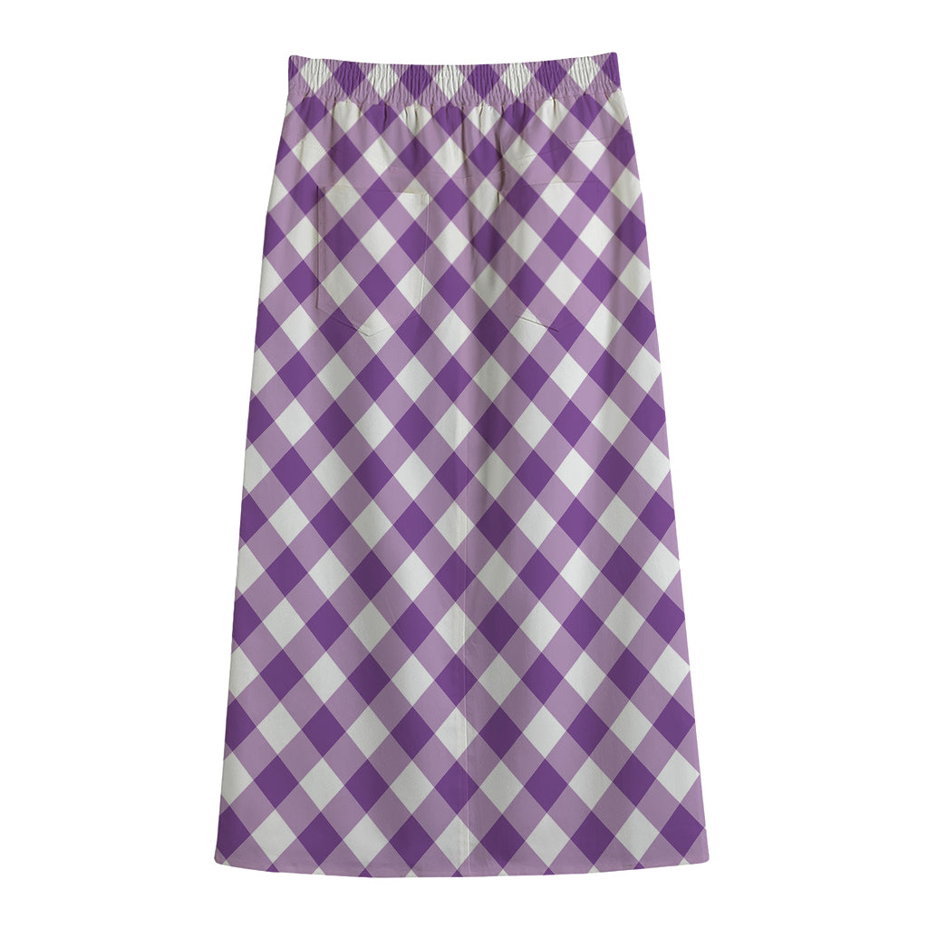 Violet And White Gingham Pattern Print Cotton Front Slit Maxi Skirt