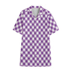 Violet And White Gingham Pattern Print Cotton Hawaiian Shirt