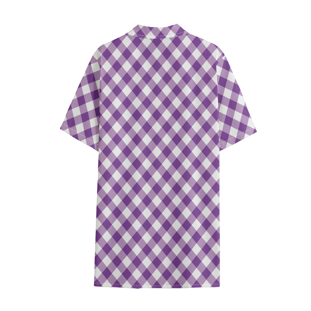 Violet And White Gingham Pattern Print Cotton Hawaiian Shirt