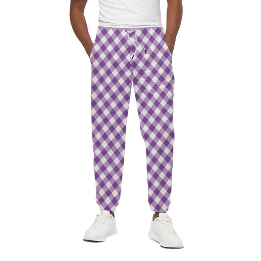 Violet And White Gingham Pattern Print Cotton Pants
