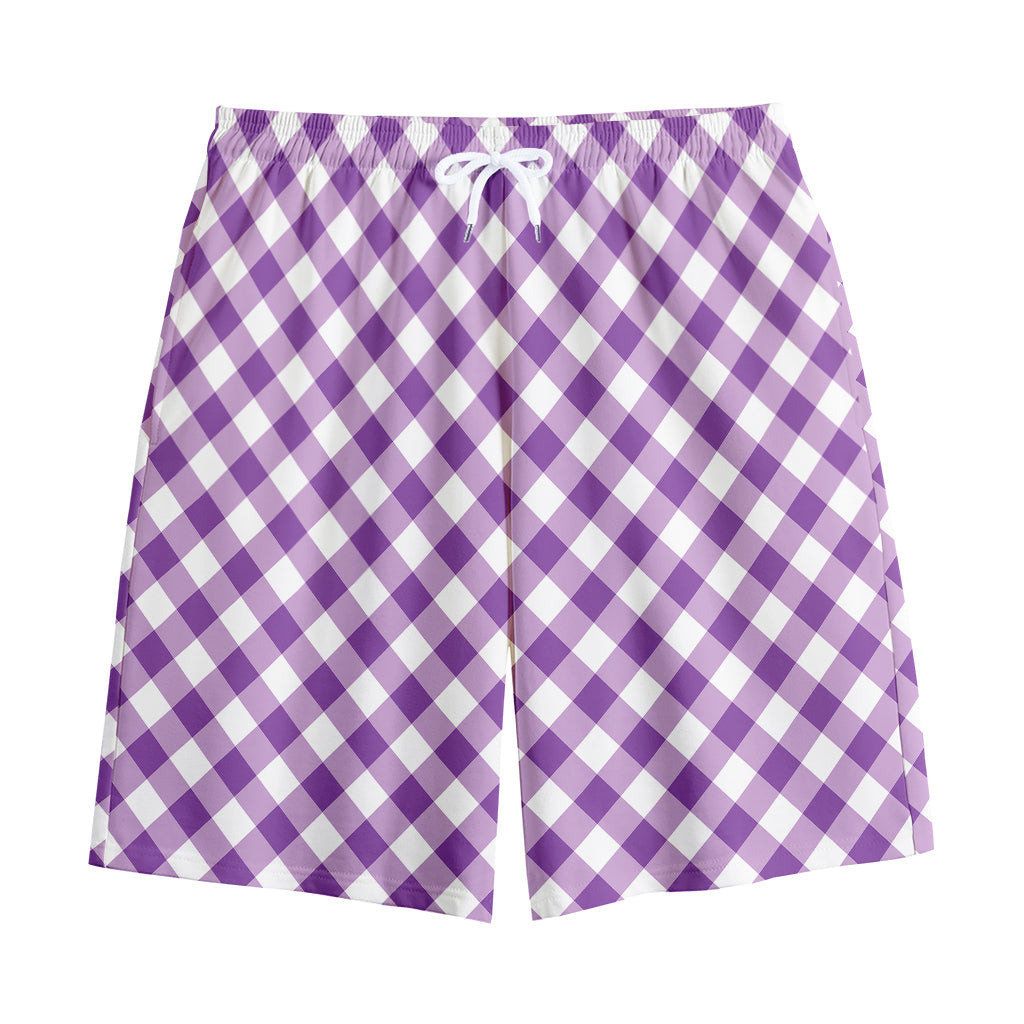 Violet And White Gingham Pattern Print Cotton Shorts