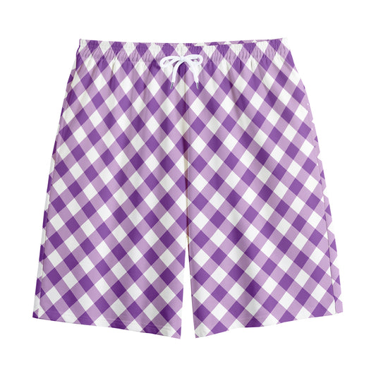 Violet And White Gingham Pattern Print Cotton Shorts