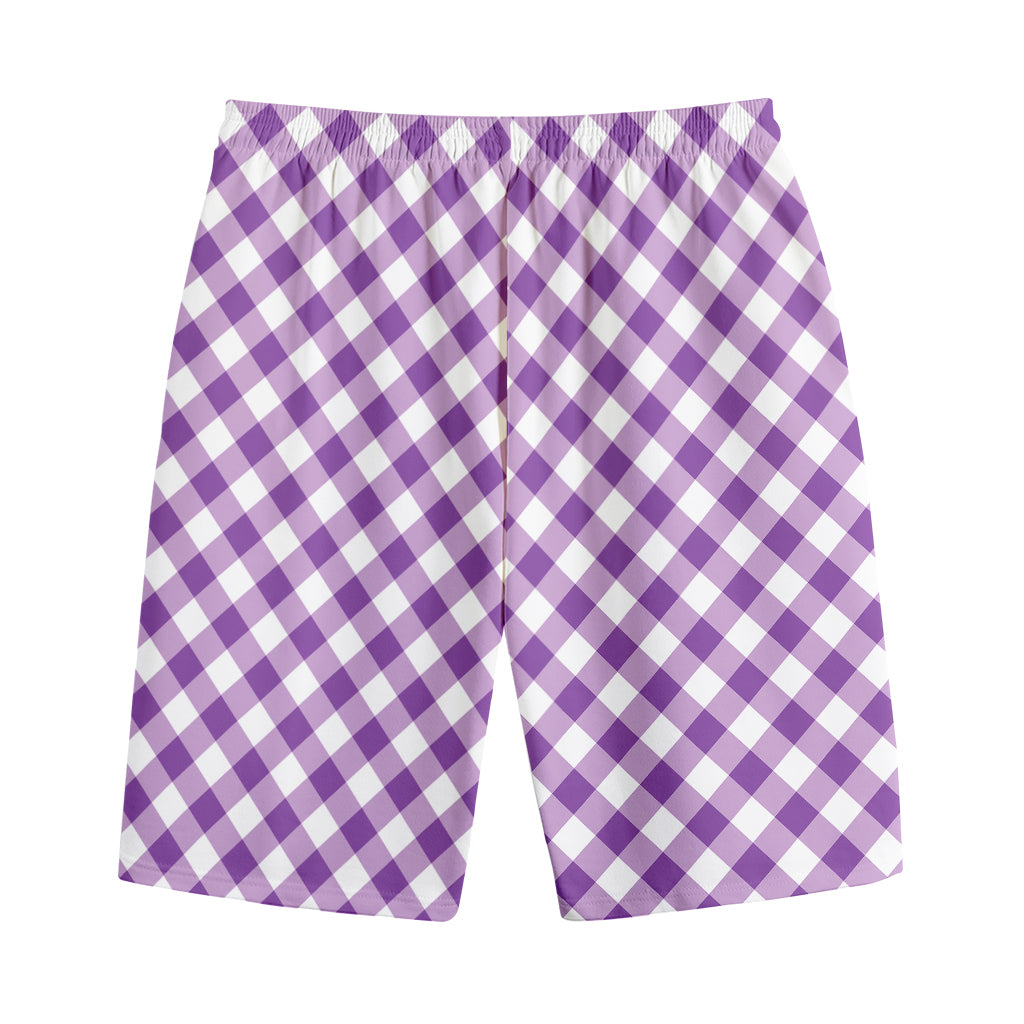 Violet And White Gingham Pattern Print Cotton Shorts