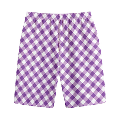 Violet And White Gingham Pattern Print Cotton Shorts