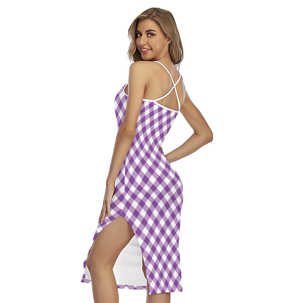 Violet And White Gingham Pattern Print Cross Back Cami Dress