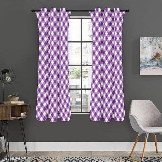Violet And White Gingham Pattern Print Curtain