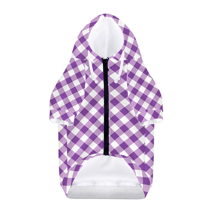 Violet And White Gingham Pattern Print Dog Zip Up Hoodie
