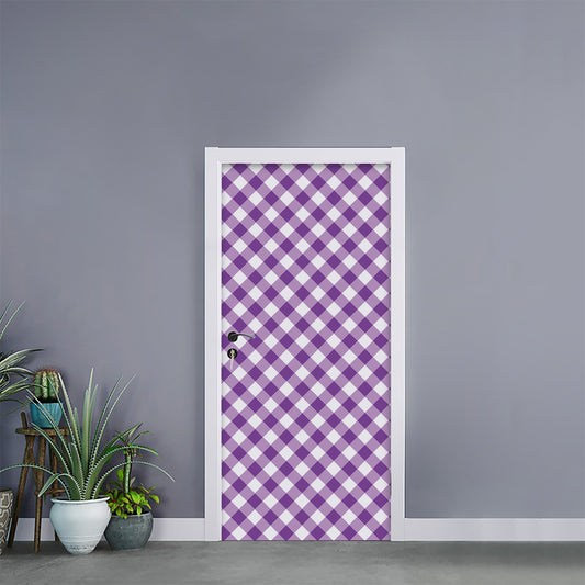 Violet And White Gingham Pattern Print Door Sticker