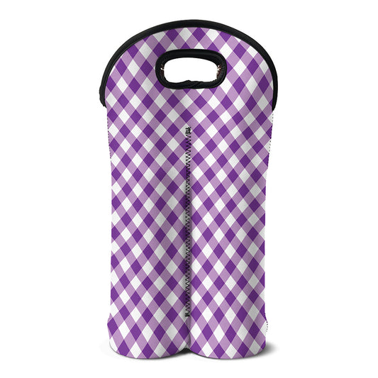 Violet And White Gingham Pattern Print Double Neoprene Wine Tote