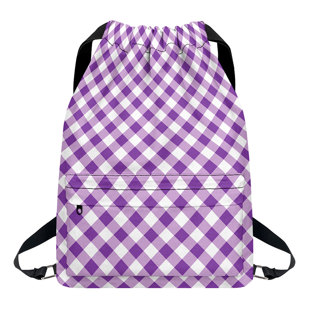 Violet And White Gingham Pattern Print Drawstring Backpack