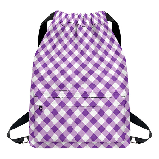 Violet And White Gingham Pattern Print Drawstring Backpack