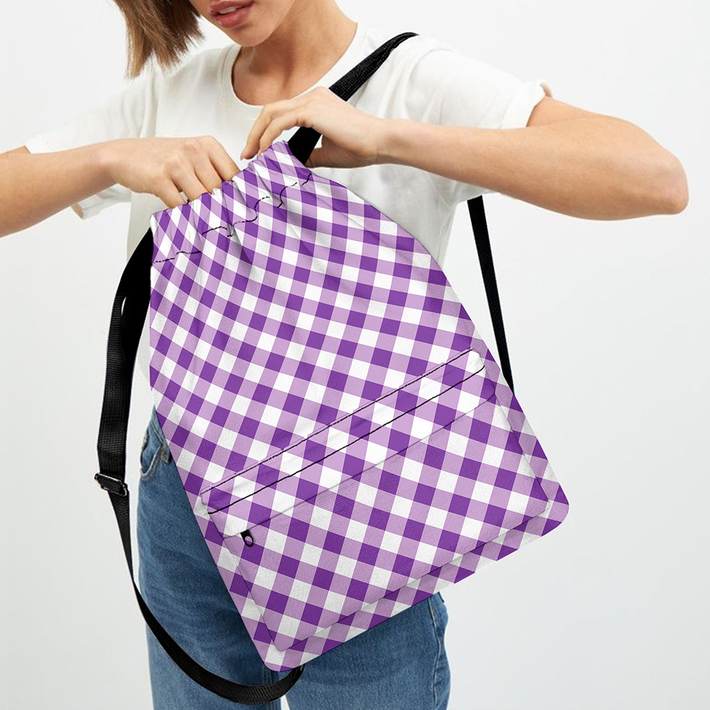Violet And White Gingham Pattern Print Drawstring Backpack
