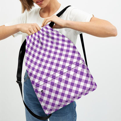 Violet And White Gingham Pattern Print Drawstring Backpack