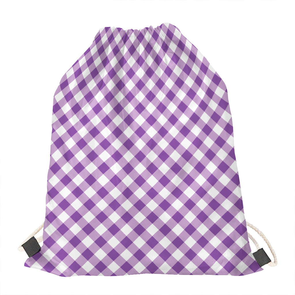 Violet And White Gingham Pattern Print Drawstring Bag