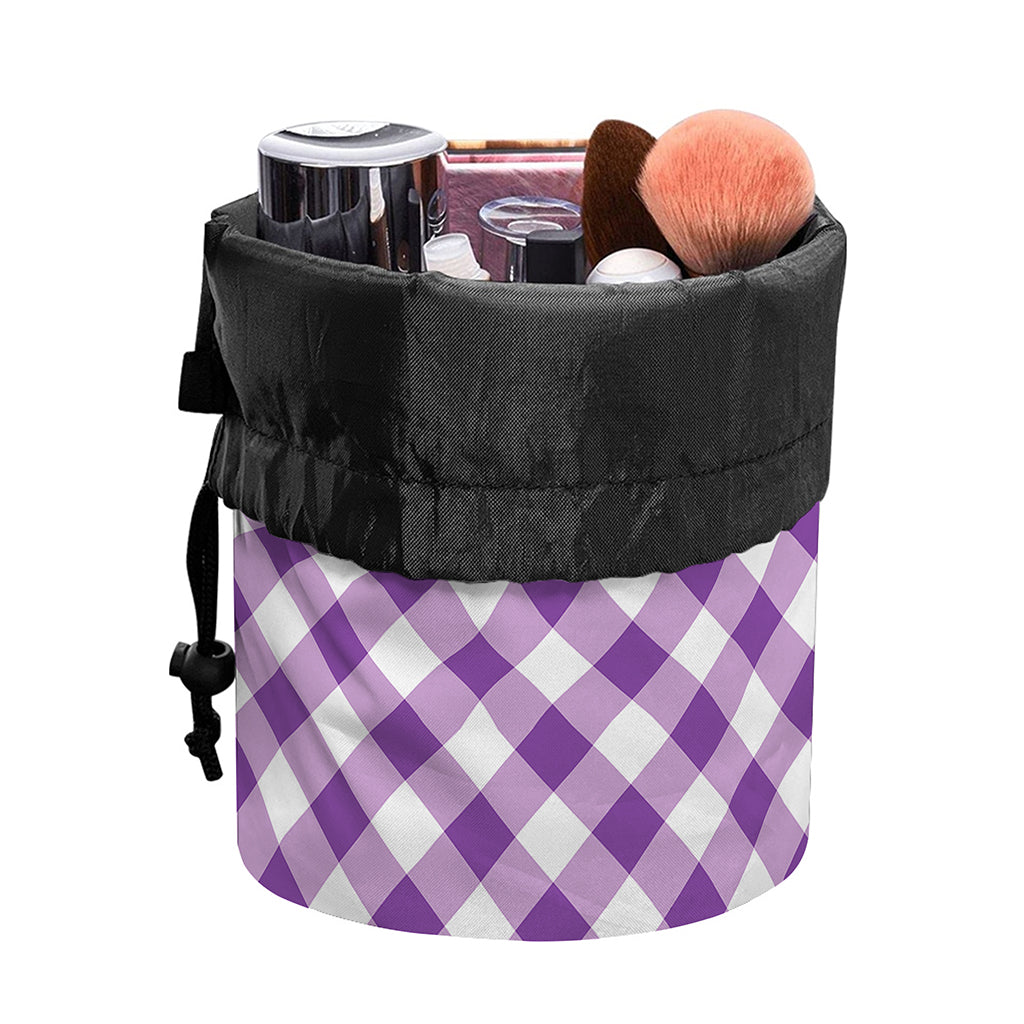 Violet And White Gingham Pattern Print Drawstring Makeup Bag