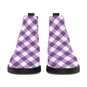 Violet And White Gingham Pattern Print Flat Ankle Boots