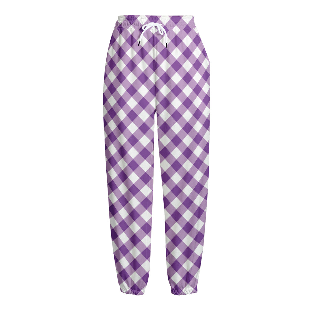 Violet And White Gingham Pattern Print Fleece Lined Knit Pants