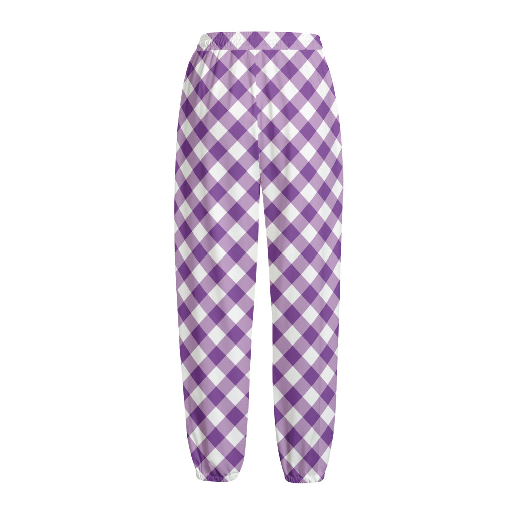 Violet And White Gingham Pattern Print Fleece Lined Knit Pants