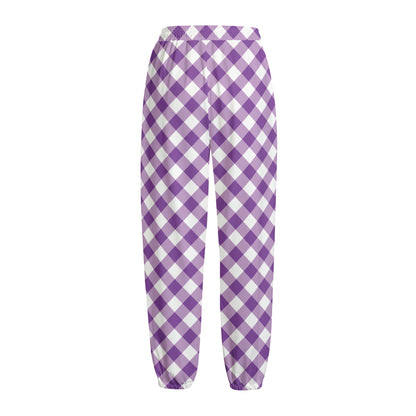 Violet And White Gingham Pattern Print Fleece Lined Knit Pants