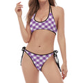 Violet And White Gingham Pattern Print Halter Scoop Tie Side Bikini