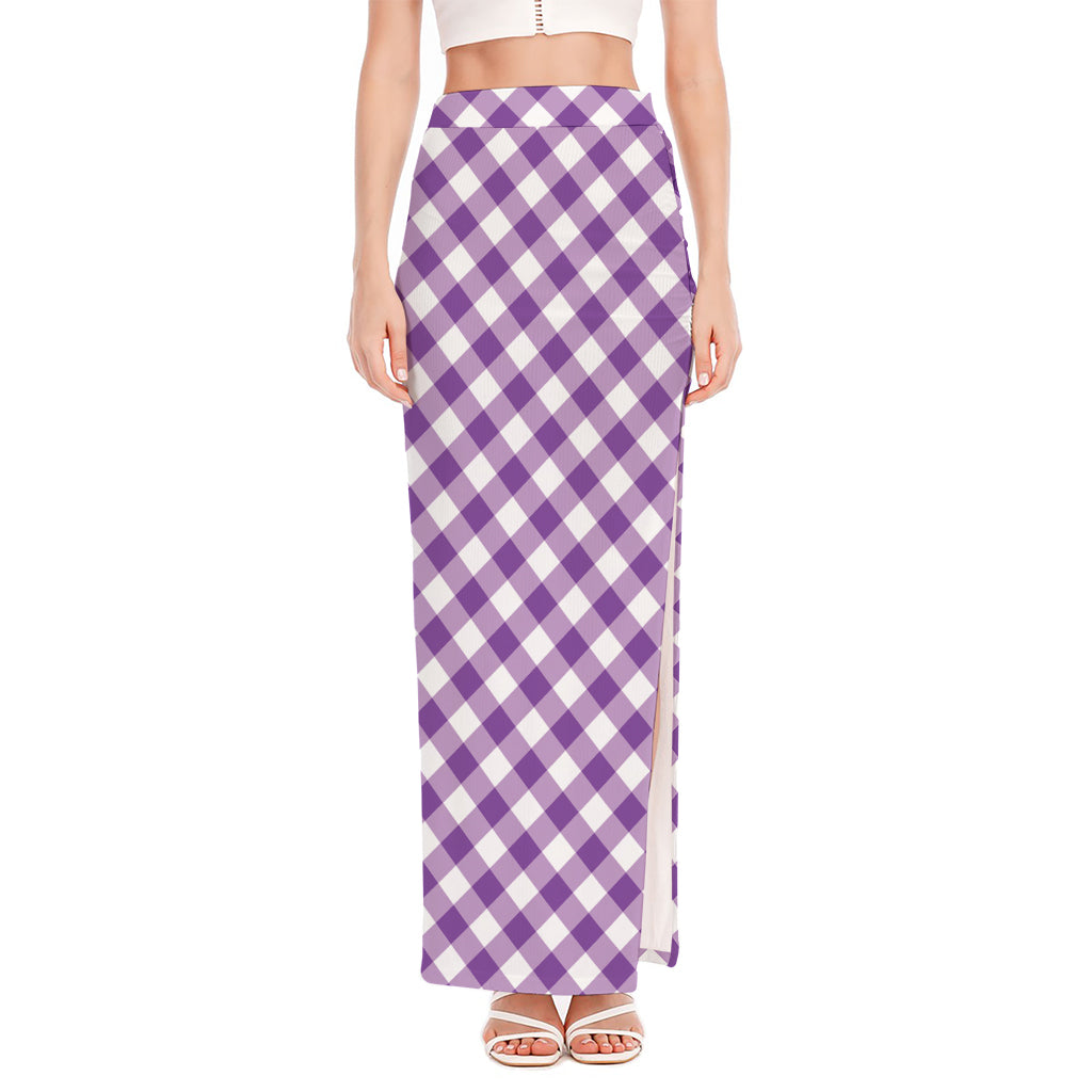 Violet And White Gingham Pattern Print High Slit Maxi Skirt