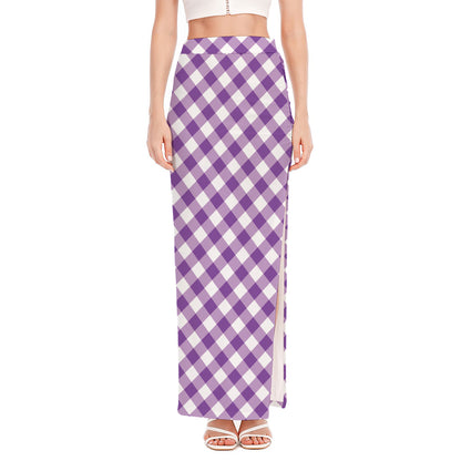 Violet And White Gingham Pattern Print High Slit Maxi Skirt
