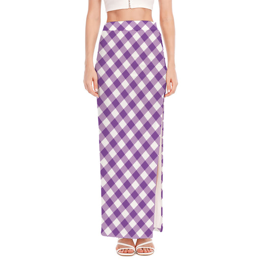 Violet And White Gingham Pattern Print High Slit Maxi Skirt