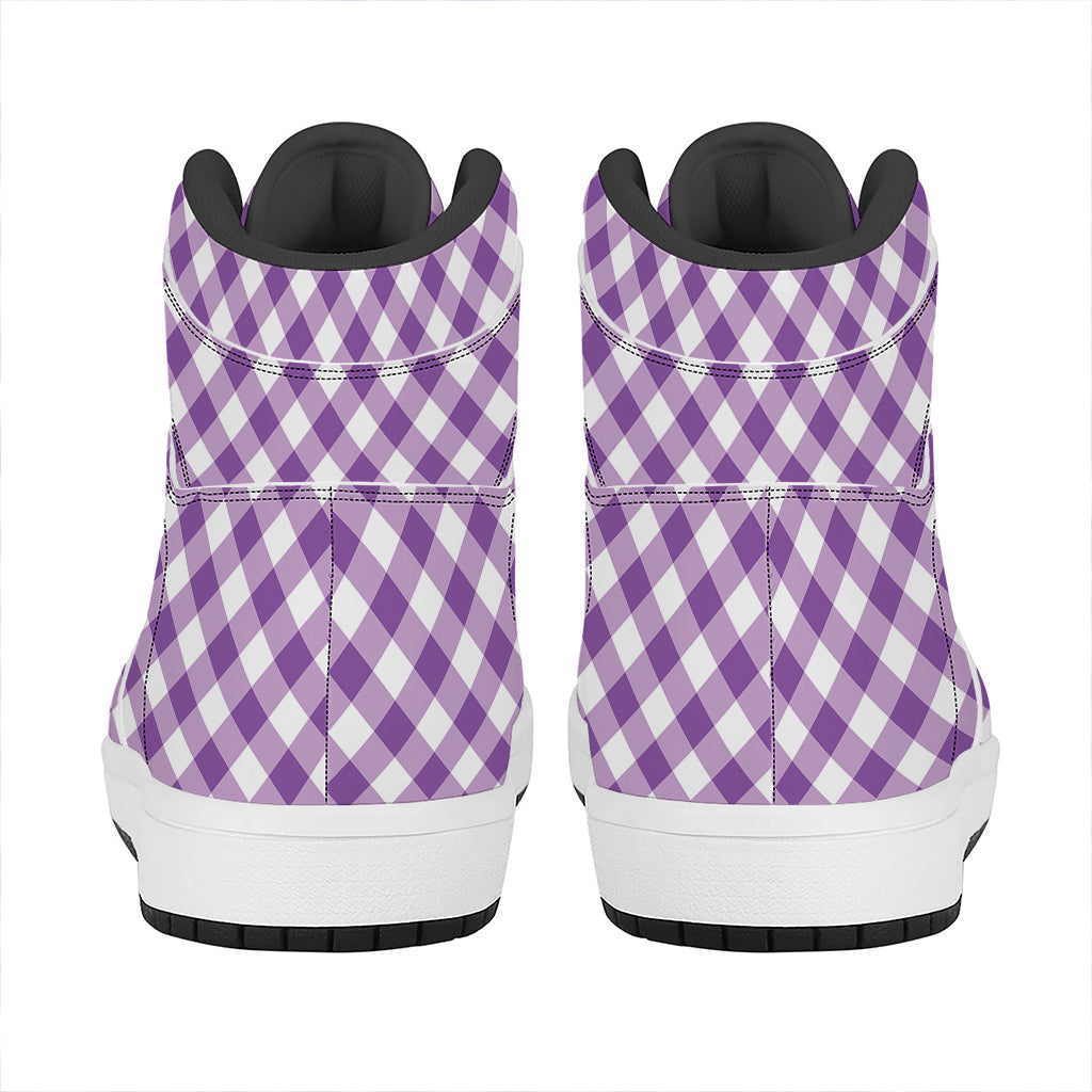 Violet And White Gingham Pattern Print High Top Leather Sneakers