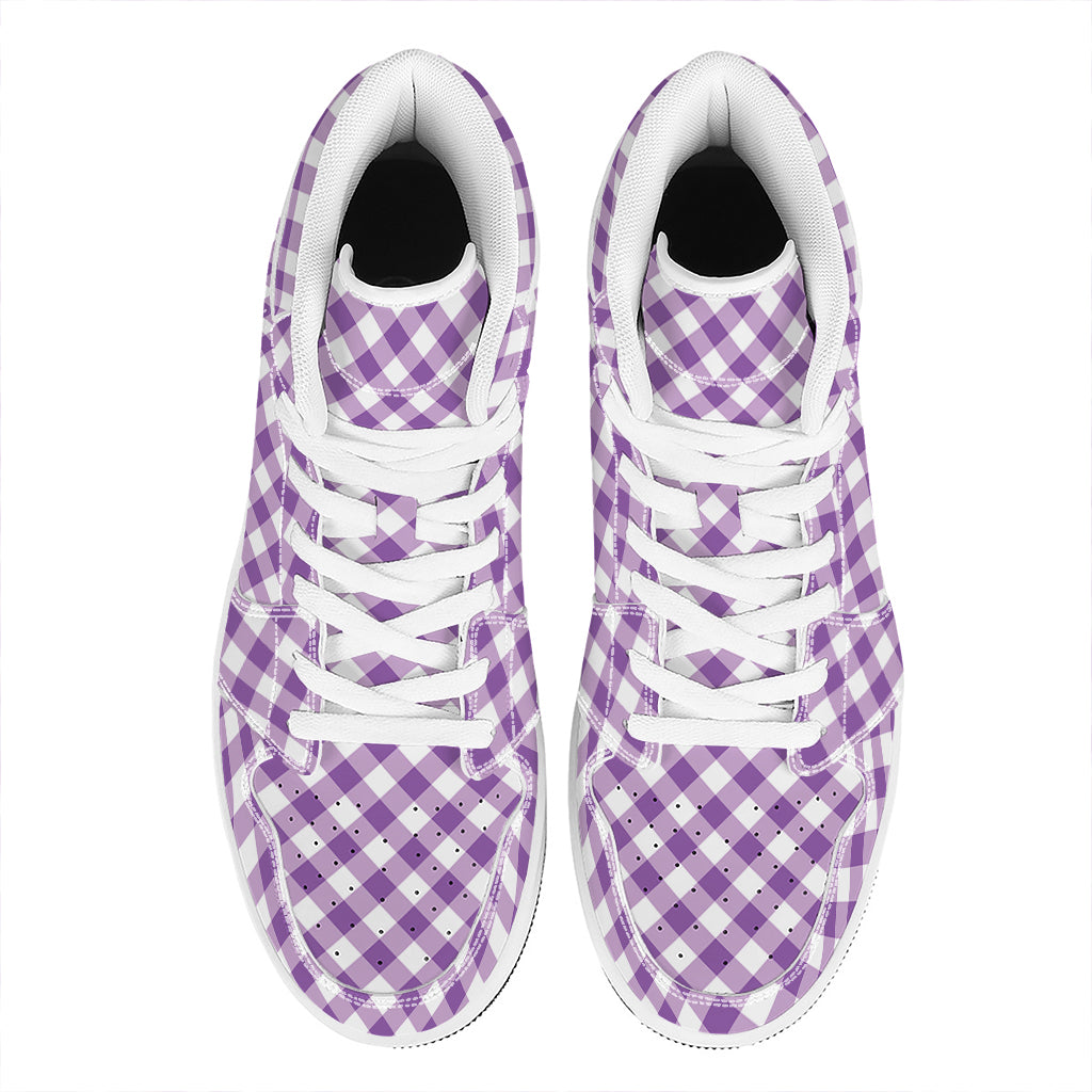 Violet And White Gingham Pattern Print High Top Leather Sneakers