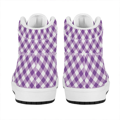 Violet And White Gingham Pattern Print High Top Leather Sneakers