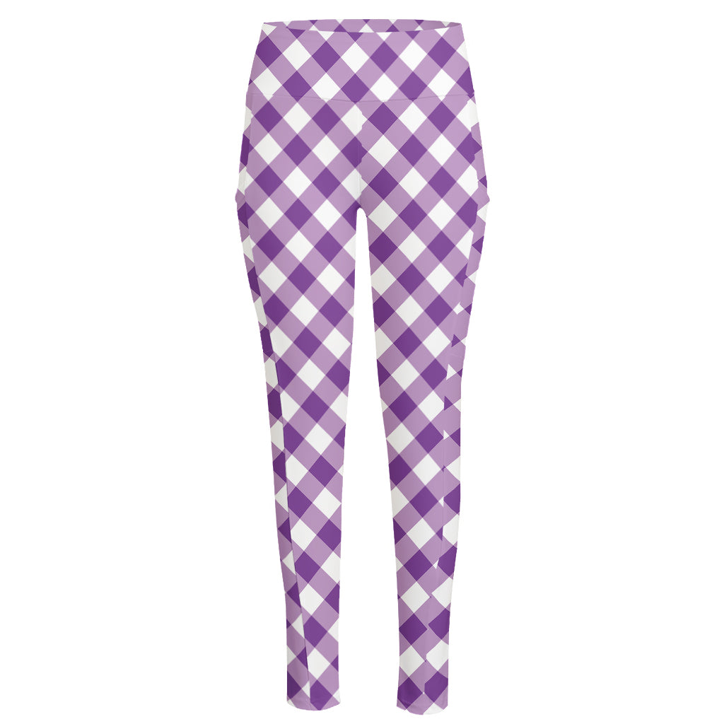 Violet And White Gingham Pattern Print High-Waisted Pocket Leggings