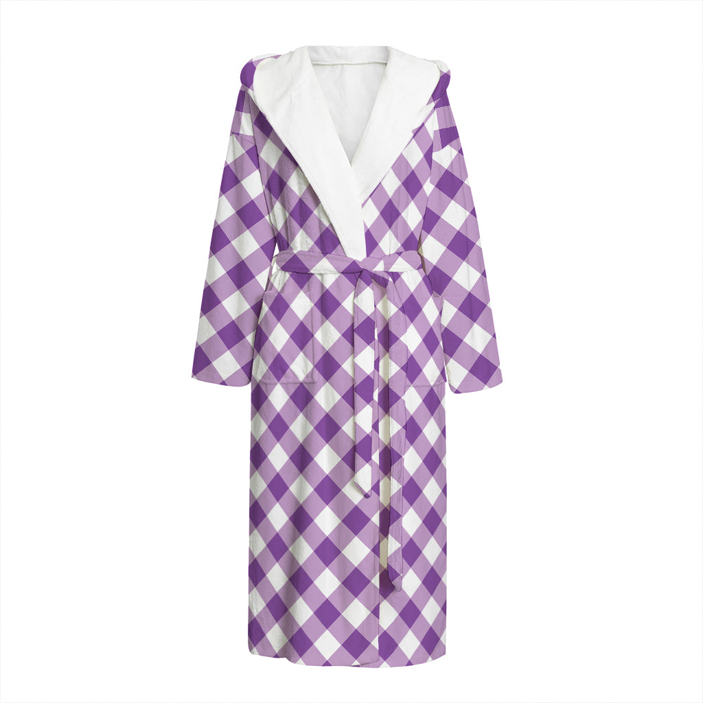 Violet And White Gingham Pattern Print Hooded Bathrobe