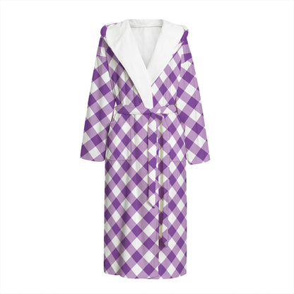 Violet And White Gingham Pattern Print Hooded Bathrobe