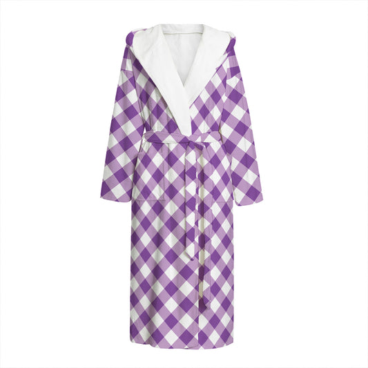 Violet And White Gingham Pattern Print Hooded Bathrobe