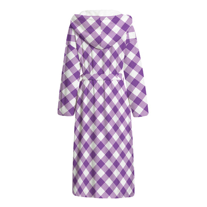 Violet And White Gingham Pattern Print Hooded Bathrobe