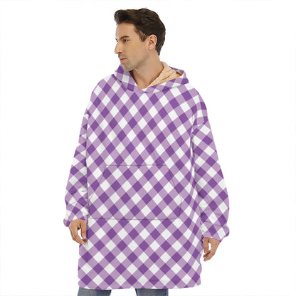 Violet And White Gingham Pattern Print Hoodie Blanket