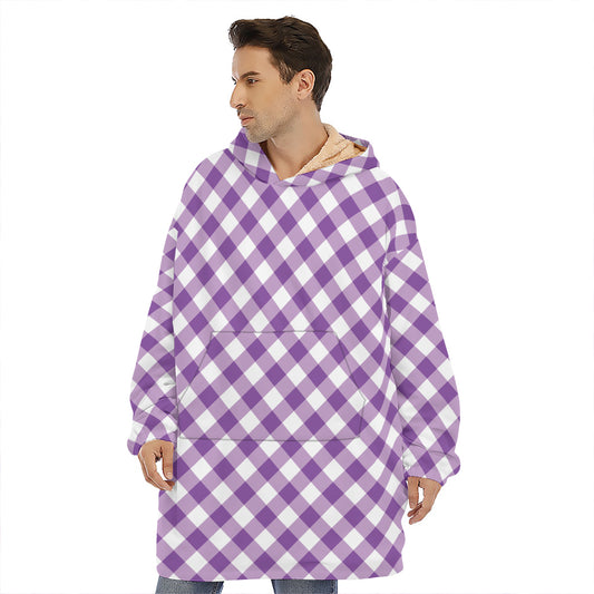 Violet And White Gingham Pattern Print Hoodie Blanket