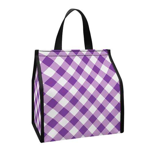 Violet And White Gingham Pattern Print Insulated Lunch Tote