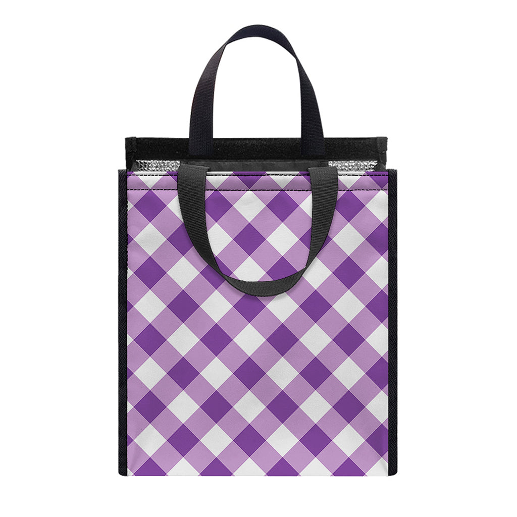 Violet And White Gingham Pattern Print Insulated Lunch Tote