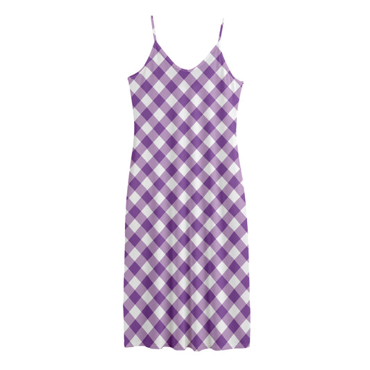 Violet And White Gingham Pattern Print Jersey Midi Cami Dress