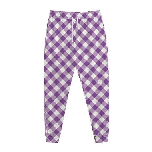 Violet And White Gingham Pattern Print Jogger Pants