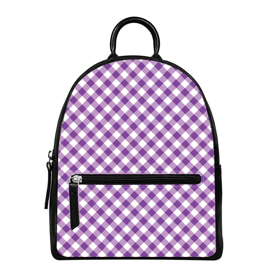 Violet And White Gingham Pattern Print Leather Backpack