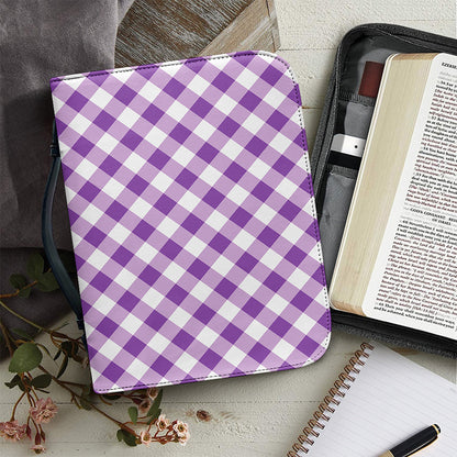 Violet And White Gingham Pattern Print Leather Bible Cover