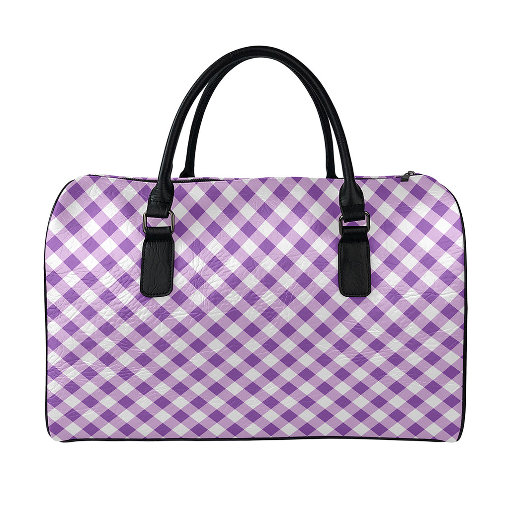 Violet And White Gingham Pattern Print Leather Duffle Bag