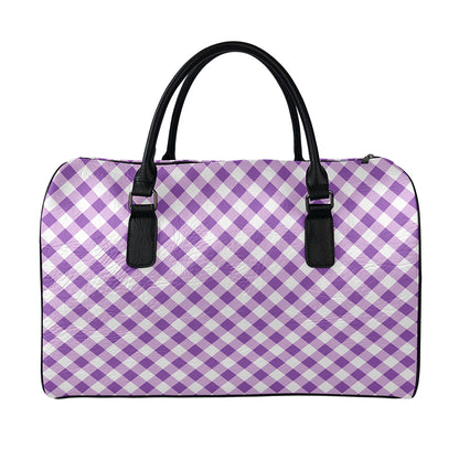 Violet And White Gingham Pattern Print Leather Duffle Bag